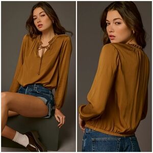 Cloth & Stone Anthropologie Ruffled Tie-Neck Blouse Golden Brown Fall Boho